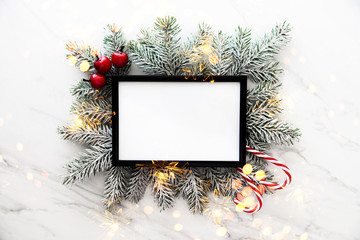 Merry Christmas greeting card, frame. Xmas holiday background. Happy New Year.