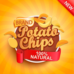 Potato chips on gold sunburst background.100 percent natural, organic and fresh healthy food. Perfect template for brand,flyers, web,posters and ad,promotions,marketing,packaging.Vector illustration