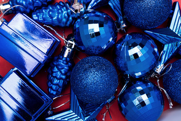 Flat lay blue Christmas and New Year decoration set