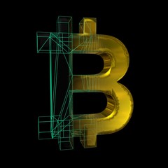 Bitcoin sign, the green grid turns into gold on a black background. 3D illustration