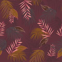 Vintage Exotic tropical vector background with hawaiian plants and flowers. Seamless summer bright tropical pattern with monstera and sabal palm leaves,