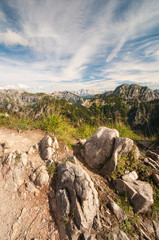 Blick vom Tegelberg auf die Alpen, Deutschland