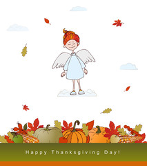 Obraz na płótnie Canvas Аngel hand drawn Happy Thanksgiving typography poster. Autumn Celebration, pumpkin, pumpkin pie, leaves, background for postcard.