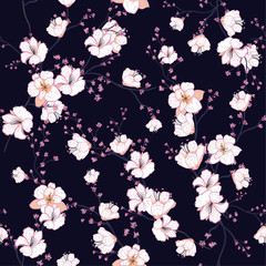 Seamless pattern with white blooming tree branches, apple tree or sakura flowers on dark navy blue background,