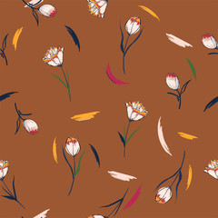 Wildflower tulip flower seamless pattern in a hand drawing style. Tulip. Aquarelle wild flower on stylish brown background