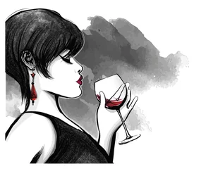 Foto op Canvas vrouw die rode wijn drinkt © Isaxar