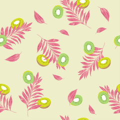Colorful summer seamless pattern kiwi fruit slices with palm leaves on beige background