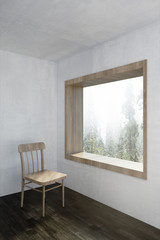 Concrete interior with view and chair