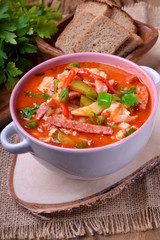 Rassolnik soup with pickled cucumbers. Russian cuisine meal