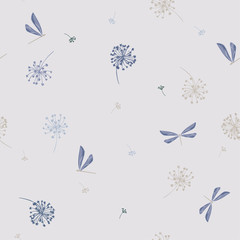 Softy and light on blue Seamless pattern vector  with wind blow flowers and dragonflies. beautiful hand-drawn
