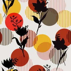 Gordijnen Vector botanisch zwart silhouet naadloze bloemmotief op moderne kleurrijke streep polka dot, delicate bloem behang, wilde bloemen © MSNTY_STUDIOX