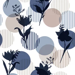 Sierkussen Monotoon in blauw Vector botanisch silhouet bloemen naadloos patroon op moderne kleurrijke streep polka dot, delicate bloem © MSNTY_STUDIOX