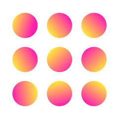 Vector Illustration. Rounded holographic gradient sphere button. Multicolor yellow orange pink fluid circle gradients, colorful soft round buttons or vivid color spheres flat vector set
