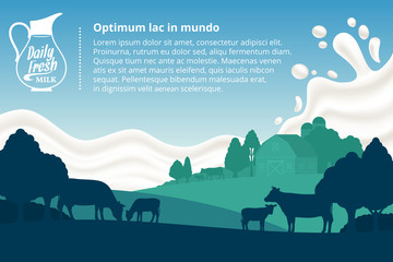 Vector milk illustration with cows, calves, farm and milk splash