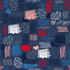 Hand-drawn abstract seamless pattern with decorative watercolor and ink elements: polka dots ,stripe, line.colorful  Repeated seamles