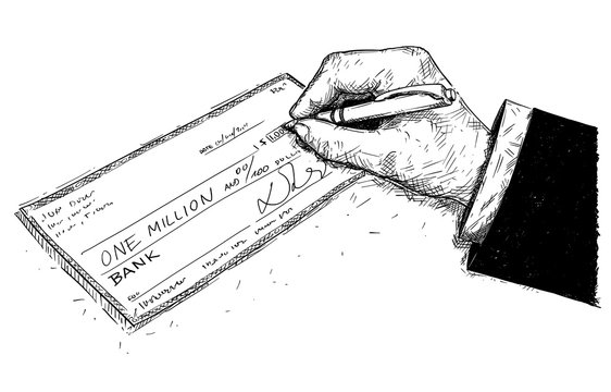 Vector artistic pen and ink drawing illustration of hand of businessman filling one million dollars check or cheque.