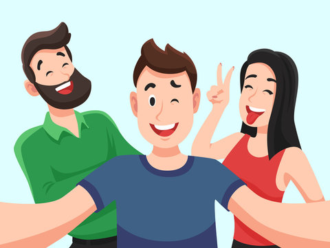 Selfie with friends. Friendly smiling teenagers making group photo portrait. Photographed happy people vector cartoon illustration