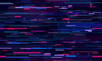 Futuristic neon glitch background. Glitched nightlife tech lines, street light motion and technology seamless pattern vector design - obrazy, fototapety, plakaty