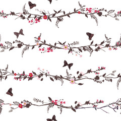 Beautiful  Vector Seamless Pattern Hand Drawn Artwork Isolated yellow and orange Flowers and butterflies