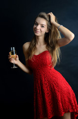 Naklejka premium Girl in red skirt with glass