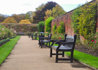 Fototapeta na wymiar Wooden Benches in a British Garden, England. Beautiful flowers and plants surround the brick wall
