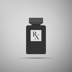 Pill bottle with Rx sign and pills icon isolated on grey background. Pharmacy design. Rx as a prescription symbol on drug medicine bottle. Flat design. Vector Illustration