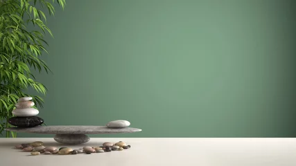 Poster Leere Innenarchitektur Feng-Shui-Konzept Zen-Idee, weißer Tisch oder Regal mit Kiesel-Balance und grünem Bambus, über grünem Hintergrund-Kopienraum © ArchiVIZ