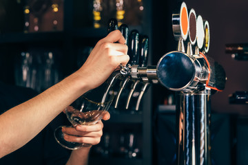 Hand of bartender pouring a large lager beer in tap in a restaurant or pub.