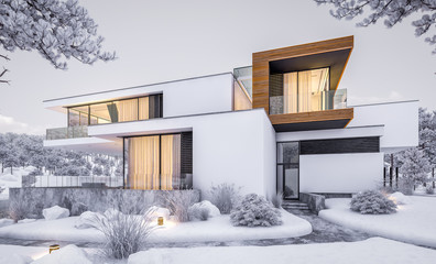 3d rendering of modern cozy house by the river with garage. Cool winter evening with cozy warm light from windows. For sale or rent with beautiful mountains on background
