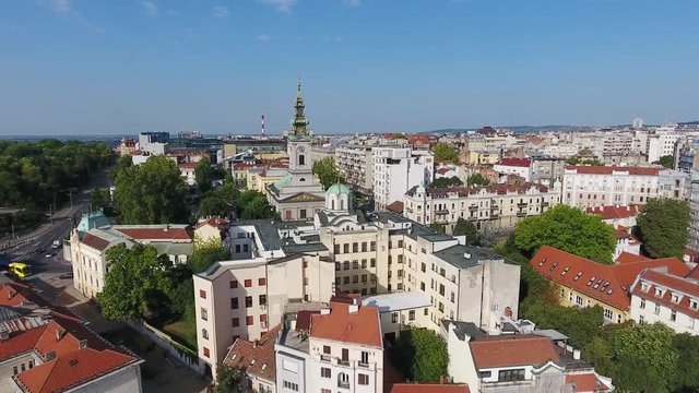 Aerial view of the old city of Belgrade with Saint Michael Cathedral, also known as Saborna Crkva, Serbia, 4k