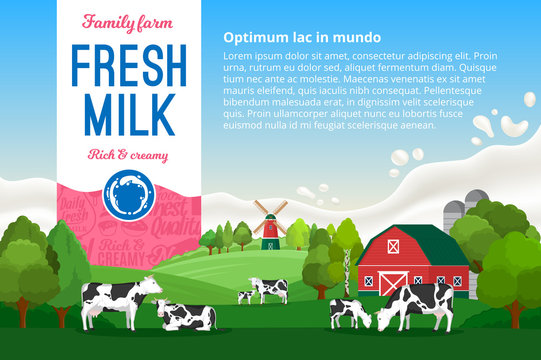 Milk illustration. Rural landscape. Cows and calves