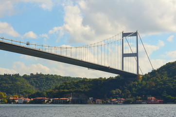 Part of a cable-stayed bridge over the Bosphorus in the afternoon. Fatih Sultan Mehmet Bridge in Istanbul, Turkey. Built in 1988 and connecting Europe and Asia