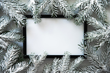 Christmas frame background with xmas tree. Merry Christmas greeting card, banner. Winter holiday theme. Happy New Year. Space for text. Flat lay