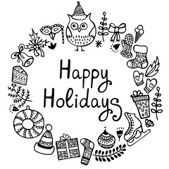 Christmas and New Year wreath with hand drawn elements