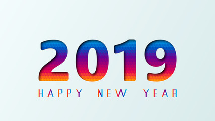 2019 Happy New Year holiday greeting card on poster design of paper cut multi color layers. Vector illustration