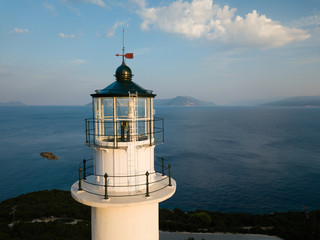 Fototapeta na wymiar White lighthouse top, aerial picture, high above the sea level, Lefkada Greece