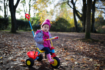 baby girl play bicycle in autumn forest park