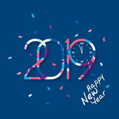 2019 Happy New Year. Patterned numbers with clock that count midnight on blue background. New Year 2019 greeting card. Vector illustration.