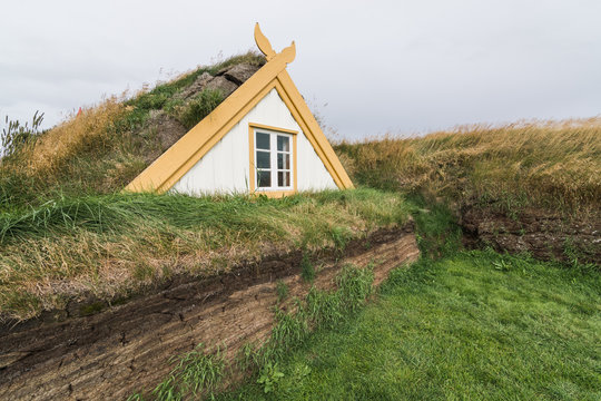 Traditional Icelandic Turf Houses With Grass On Roof In Glaumbaer Folk Heritage Museum, Iceland