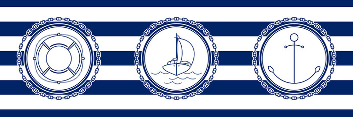 Banner with Sea Emblems on Seamless Striped Marine Background, Anchor and Sailboat and Lifebuoy , Vector Illustration