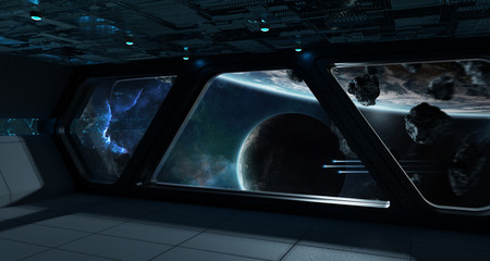 Dark spaceship interior with large window view 3D rendering