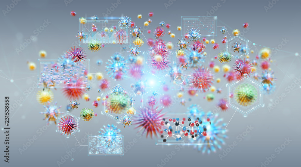 Poster bacteria microscopic close-up 3d rendering