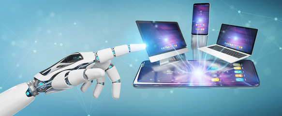 Modern devices connected in robot hand 3D rendering