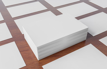 White business card pile on wood mockup 3d rendering