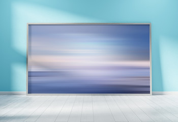 Large horizontal frame leaning on a blue wall 3D rendering