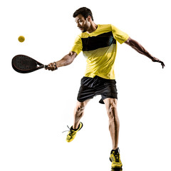 one caucasian man playing Padel tennis player isolated on white background