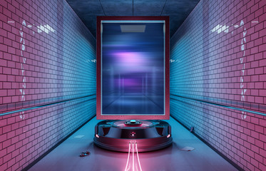 Futuristic vertical billboard in underground tube station mockup 3d rendering