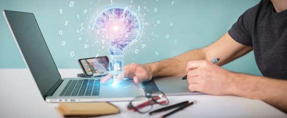 Graphic designer solving problem with digital question marks 3D rendering