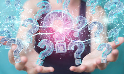 Businesswoman solving problem with digital question marks 3D rendering