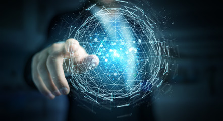 Businessman using digital triangle exploding sphere hologram 3D rendering